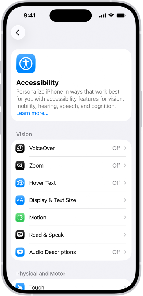 Ekrani Accessibility te Settings shfaq veçoritë e integruara për mbështetjen për Vision.