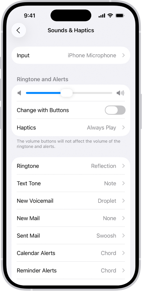 Ekrani Sounds and Haptics te Settings.