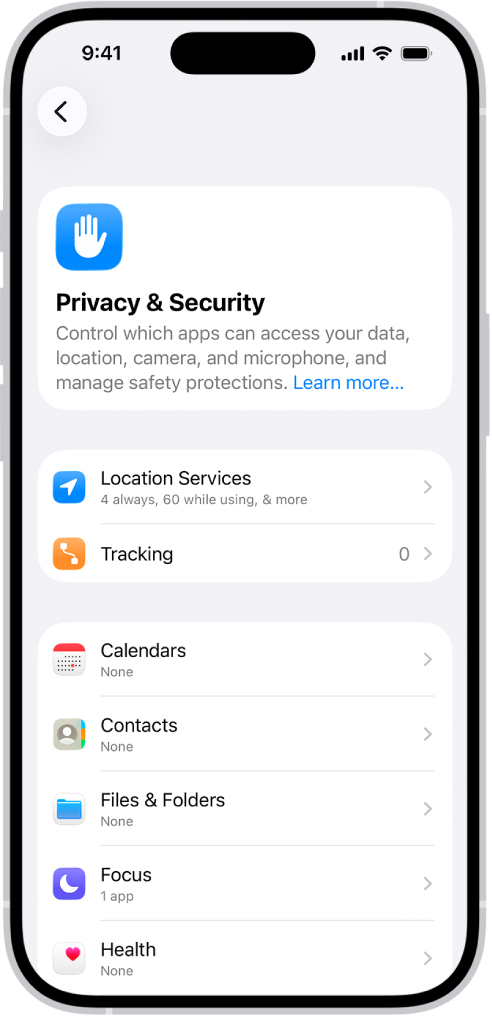 Ekrani Privacy & Security te Settings.