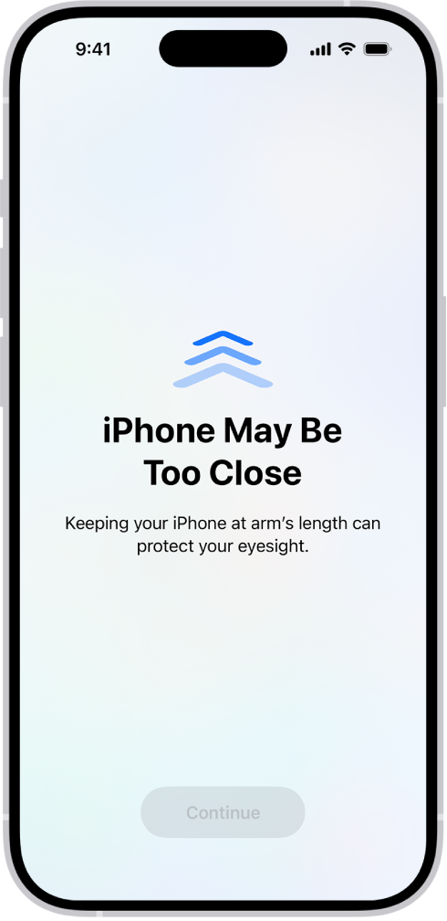 நீங்கள் iPhoneஐ மிகவும் நெருக்கமாகப் பிடித்துக் கொண்டிருக்கிறீர்கள் என்றும், உங்கள் பார்வையைப் பாதுகாப்பதற்காக அதை மேலும் தூரத்திற்கு நகர்த்த வேண்டும் என்றும் கூறும் ஒரு திரை விழிப்பூட்டல். நீங்கள் தொடர்வதைத் தடுக்கும் வகையில் எச்சரிக்கை ஸ்கிரீனை மூடுகிறது. உங்கள் iPhoneஐ பாதுகாப்பான தூரத்திற்கு நகர்த்தும்போது “தொடர்க” பட்டன் செயலில் இருக்கும்.
