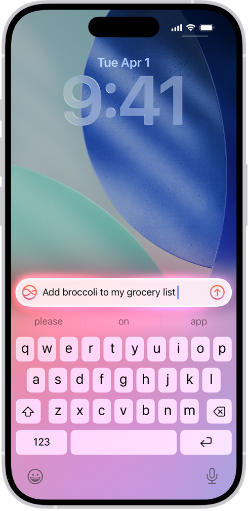 లాక్ స్క్రీన్లో కీబోర్డ్ను చూపుతున్న iPhone. కీబోర్డ్ ఎగువన Siri అభ్యర్థన కనిపిస్తుంది.