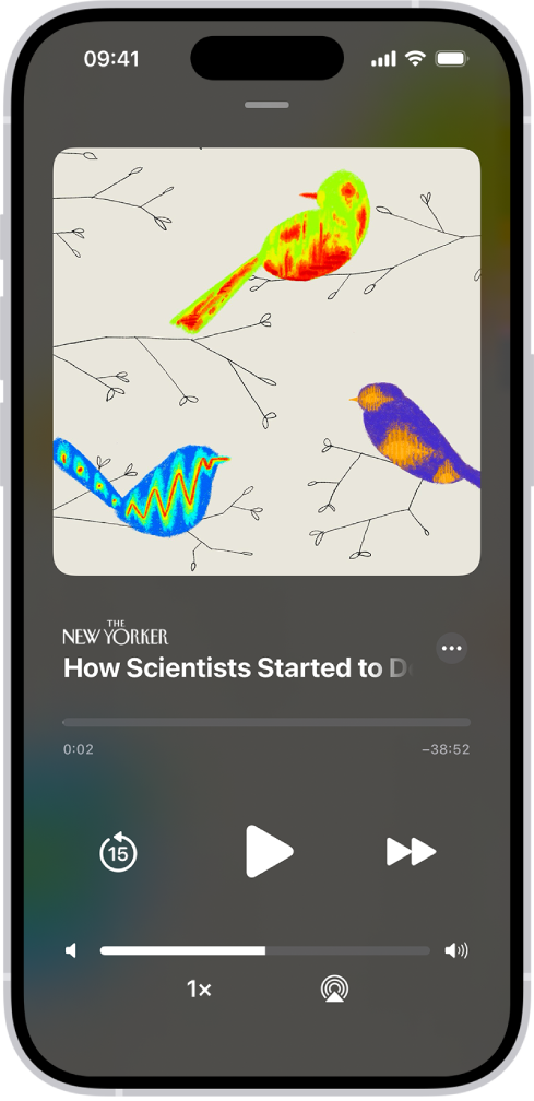 เสียงข่าวใน Apple News+ ที่ด้านล่างคือตัวควบคุมเครื่องเล่นเสียงและแถบเลื่อนระดับเสียง