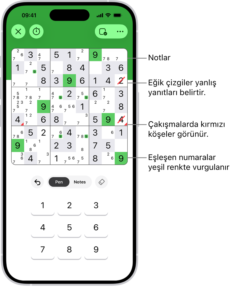 Birçok seçeneğin açık olduğu bir sudoku bulmacası: Notes, Highlight Matching Numbers, Show Conflicts ve Autocheck.