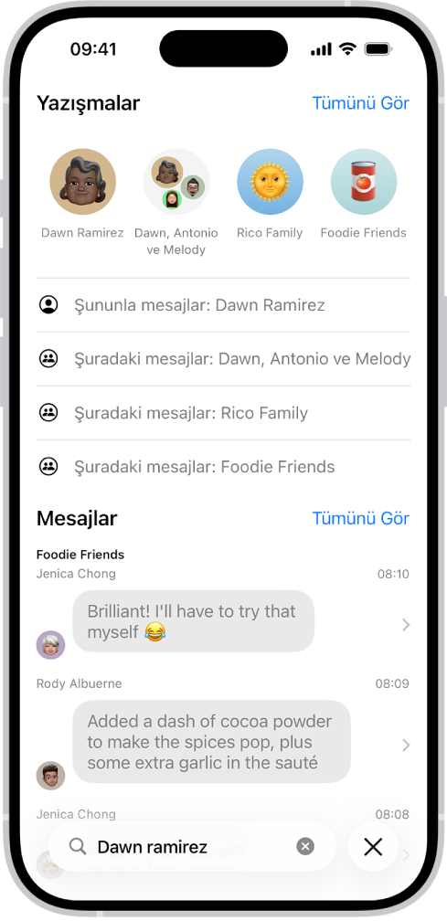 Mesajlar uygulamasındaki arama alanı ekranın en altında görünüyor. Arama alanı bir kişinin adını içeriyor ve aramayla eşleşen pek çok seçenek üstünde görünüyor.