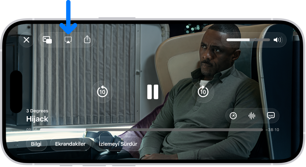 iPhone ekranında bir film oynatılıyor. Ekranın ortasında oynatma denetimleri var. AirPlay düğmesi sol üst tarafta.