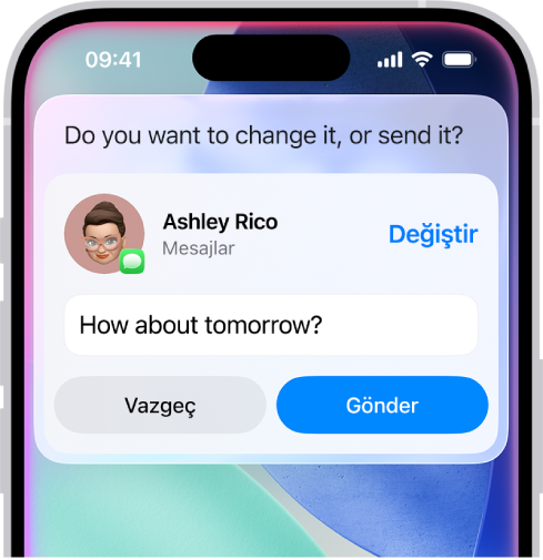 Gönderilmeye hazır bir mesaj biçiminde ekranın en üstünde Siri’den gelen bir yanıtı gösteren iPhone ekranı.