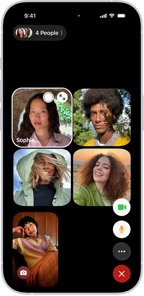 「群組 FaceTime」通話畫面顯示五位在不同的方格中的參與者。