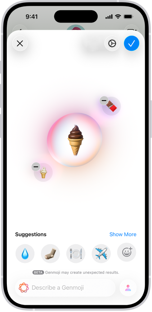 Genmoji 視窗顯示一個已製作的 Genmoji,是一枝甜筒。