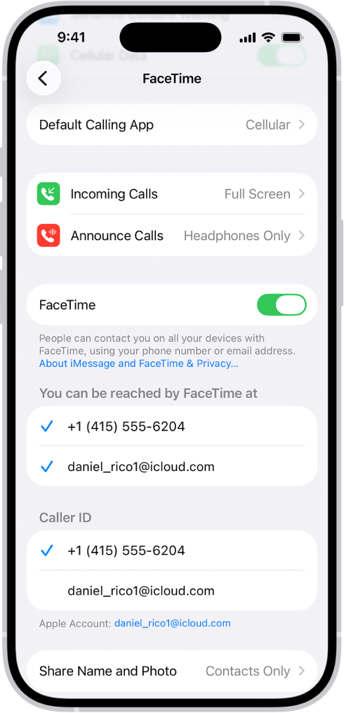 FaceTime 的「設定」畫面,顯示「預設通話 App」選項、開啟或關閉 FaceTime 的控制項目,以及包括可以聯絡到你的電話號碼和電郵地址。
