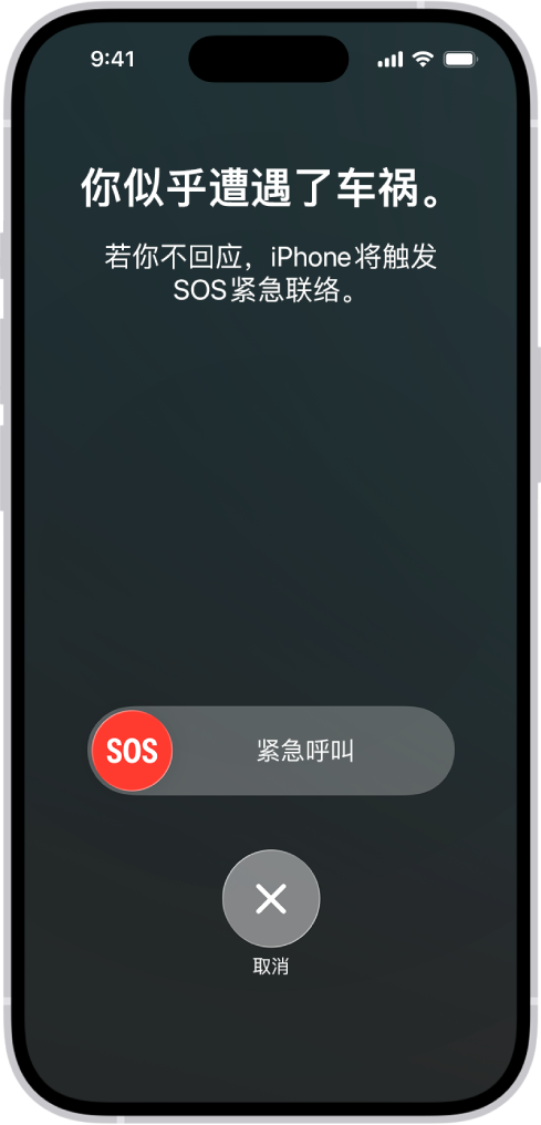 “车祸检测”屏幕显示你遭遇了车祸的通知,下方是拨打 SOS 紧急联络电话的滑块以及取消按钮。