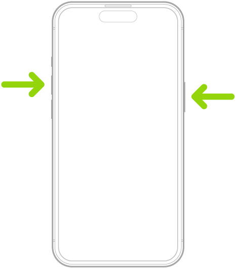 配备面容 ID 的 iPhone。一个箭头指向侧边按钮,另一个箭头指向调高音量按钮,以演示如何截屏。