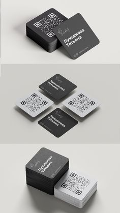 three different business cards with qr code on the front and back, all in black and white