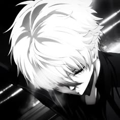 an anime character with white hair and black eyes looking at something in the distance,