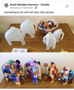 two pictures of elephants made out of paper and some other items on top of a table