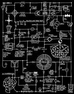 the scribbled diagram for an electronic device, with all its components in white ink