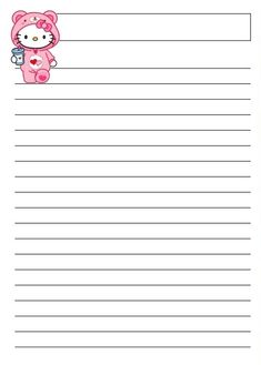 a lined paper with hello kitty holding a teddy bear