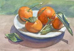 a painting of oranges on a white plate