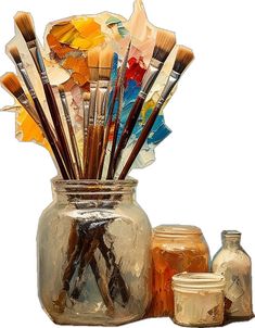 a glass jar filled with lots of paint brushes