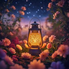 a glowing lantern surrounded by flowers at night