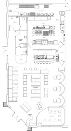 the floor plan for a restaurant with tables and chairs, counter tops, and seating areas