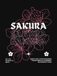 a poster with the words sakira and flowers in pink on a black background