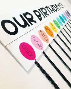 a birthday card with the words our birthdays written on it and six different colored circles