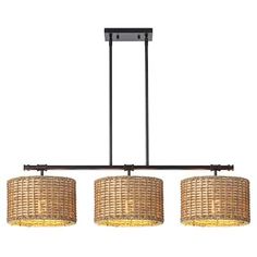 three light chandelier with woven shades on the bottom and two lights above it