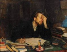 a painting of a man sitting at a desk with his head in his hands and writing