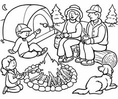 a coloring page with people sitting around a campfire