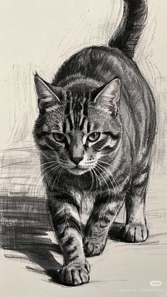 a pencil drawing of a cat walking on the ground with its front paws in the air