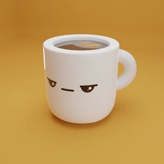 a white coffee cup with a face drawn on it's side, sitting on a yellow surface