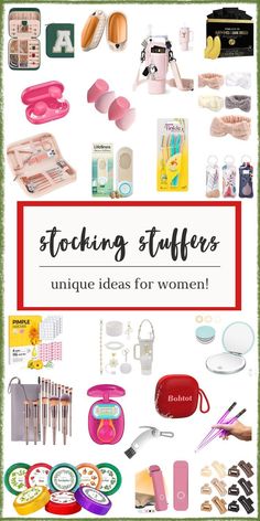 an image of various items that are in the shape of a collage with text reading stocking stuffers unique ideas for women
