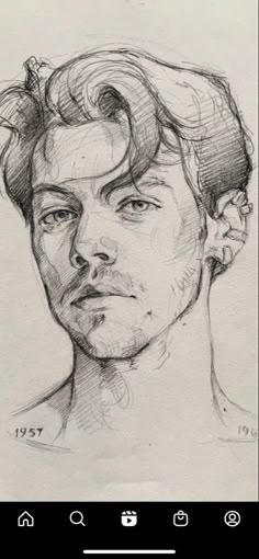 a pencil drawing of a man's face with hair in the middle and his eyes closed