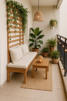a balcony with potted plants and wooden furniture