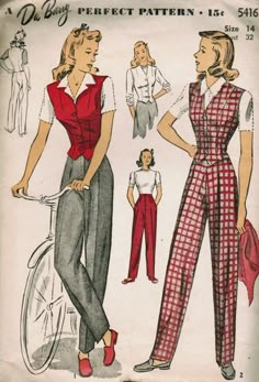 Fitted Vintage Pattern Tops, 1940s Dungarees, 1940s Swing Trousers Pattern, Vintage Sewing Pattern For Vests, 1940s Playsuit Pattern, Vintage Fashion Sketches, Fashion Illustration Vintage, Vintage Dress Patterns, 40s Fashion