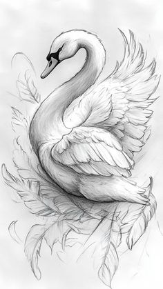 a drawing of a swan with wings on it's back and its head turned to the side
