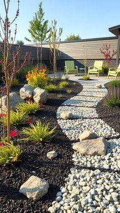 a garden with rocks and flowers in it