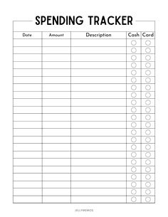 a printable spending tracker with the words spending tracker and numbers in black on white