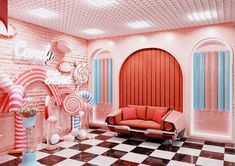 a living room decorated in pink and red