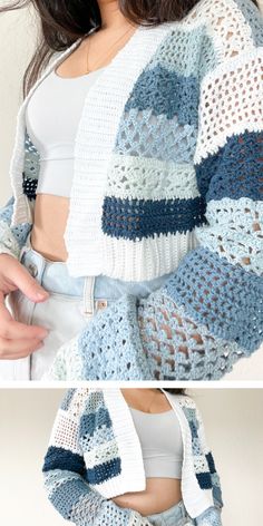 the woman is wearing a crocheted jacket and jeans