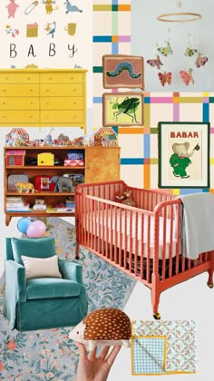 a child's room with colorful walls and furniture, including a baby crib