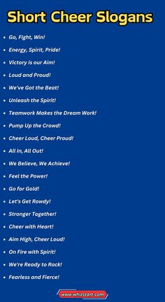 short cheer slogans on blue background with red and white text that reads short cheer slogans