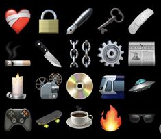 a bunch of different items that are on a black background, including keys and other things