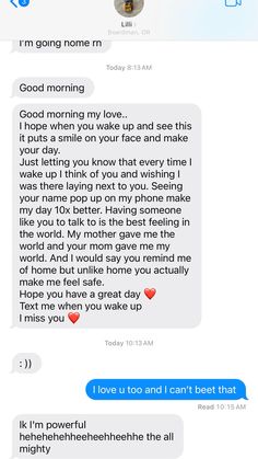 two texts that are being shared to someone on their cell phone, one is saying good morning and the other says i love you and i can't be best