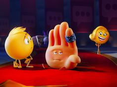 two cartoon characters on a red carpet with one holding up the other's hand
