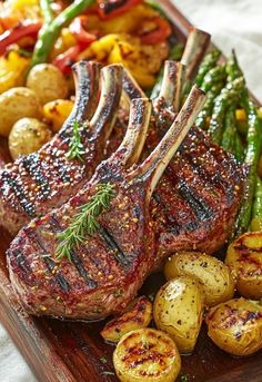 steak, potatoes and asparagus on a wooden platter