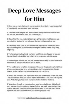 a poem written in black and white with the words deep love messages for him on it