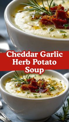 two bowls of cheddar garlic herb potato soup with herbs on top and in the middle