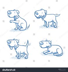 four cartoon dogs sitting and standing on the ground