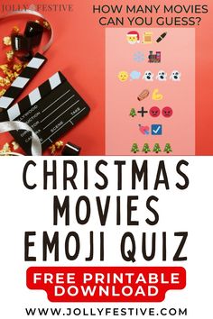 the christmas movies emoj quiz is shown on a red background with popcorn and movie claps